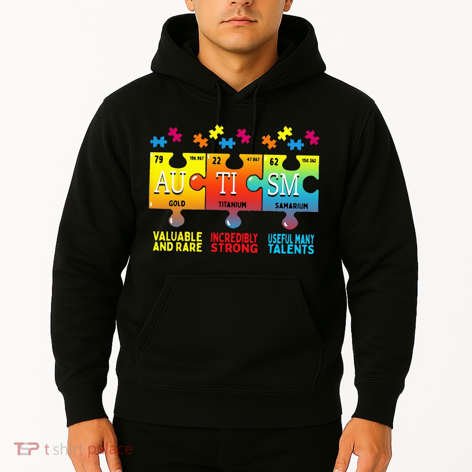 Black Autism Awareness Puzzle Classic Fit Short Sleeve Cotton & Polyester Blend Hoodie