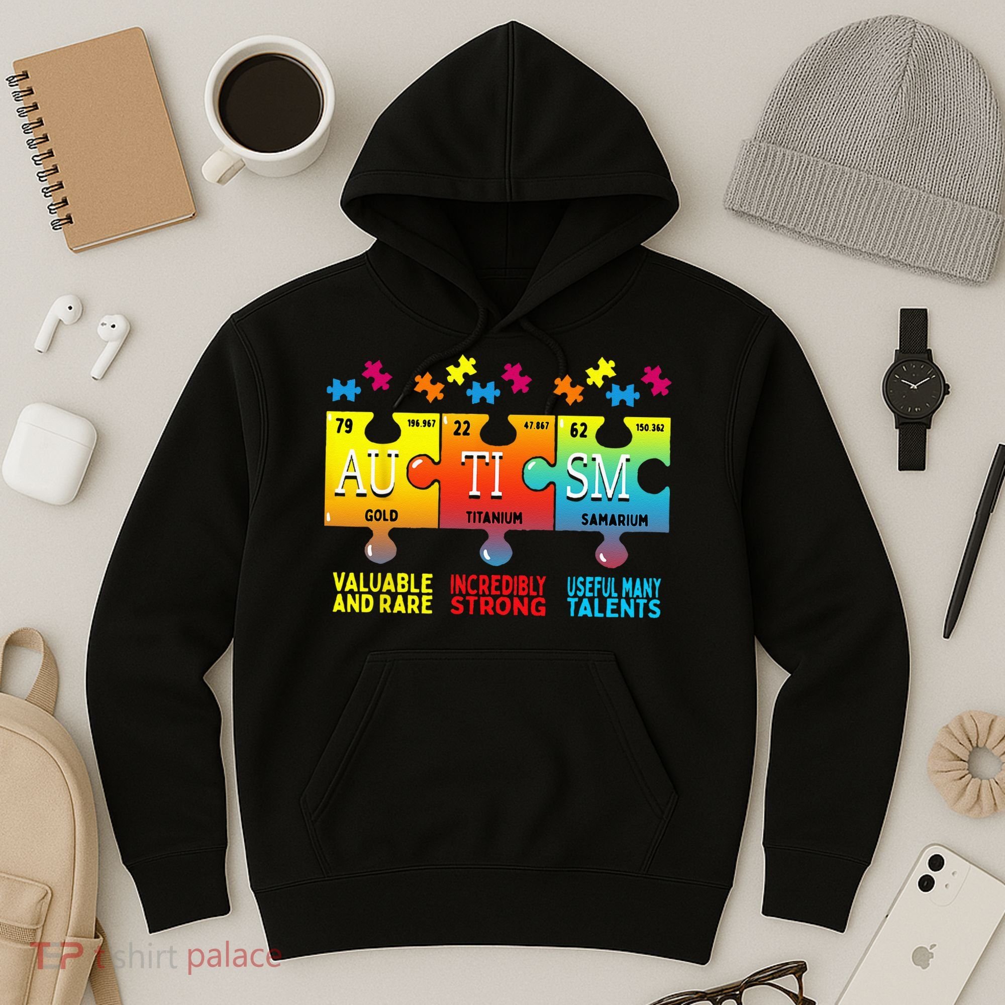 Black Autism Awareness Puzzle Classic Fit Short Sleeve Cotton & Polyester Blend Hoodie