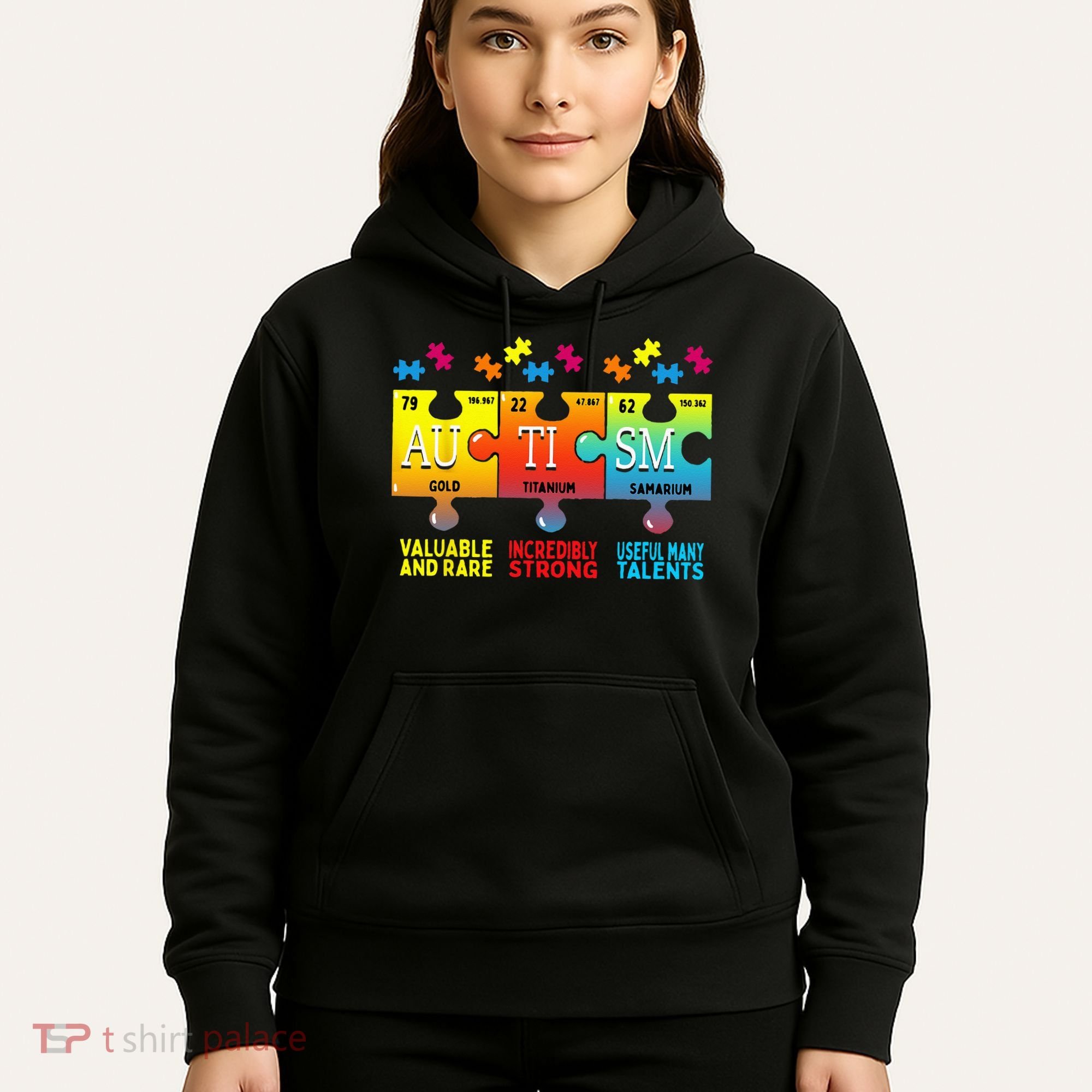 Black Autism Awareness Puzzle Classic Fit Short Sleeve Cotton & Polyester Blend Hoodie