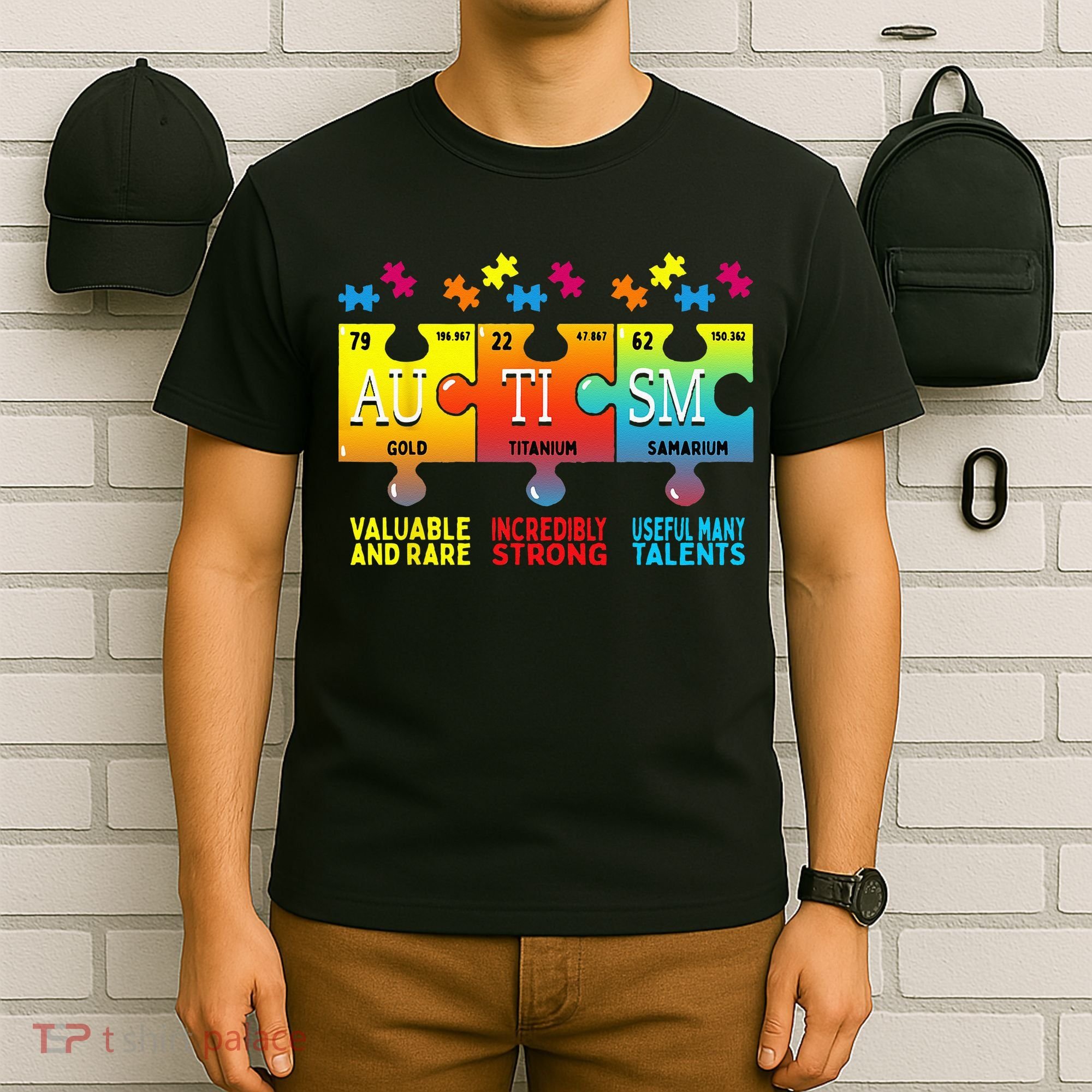 Black Autism Awareness Puzzle Classic Fit Short Sleeve Cotton & Polyester Blend T-Shirt