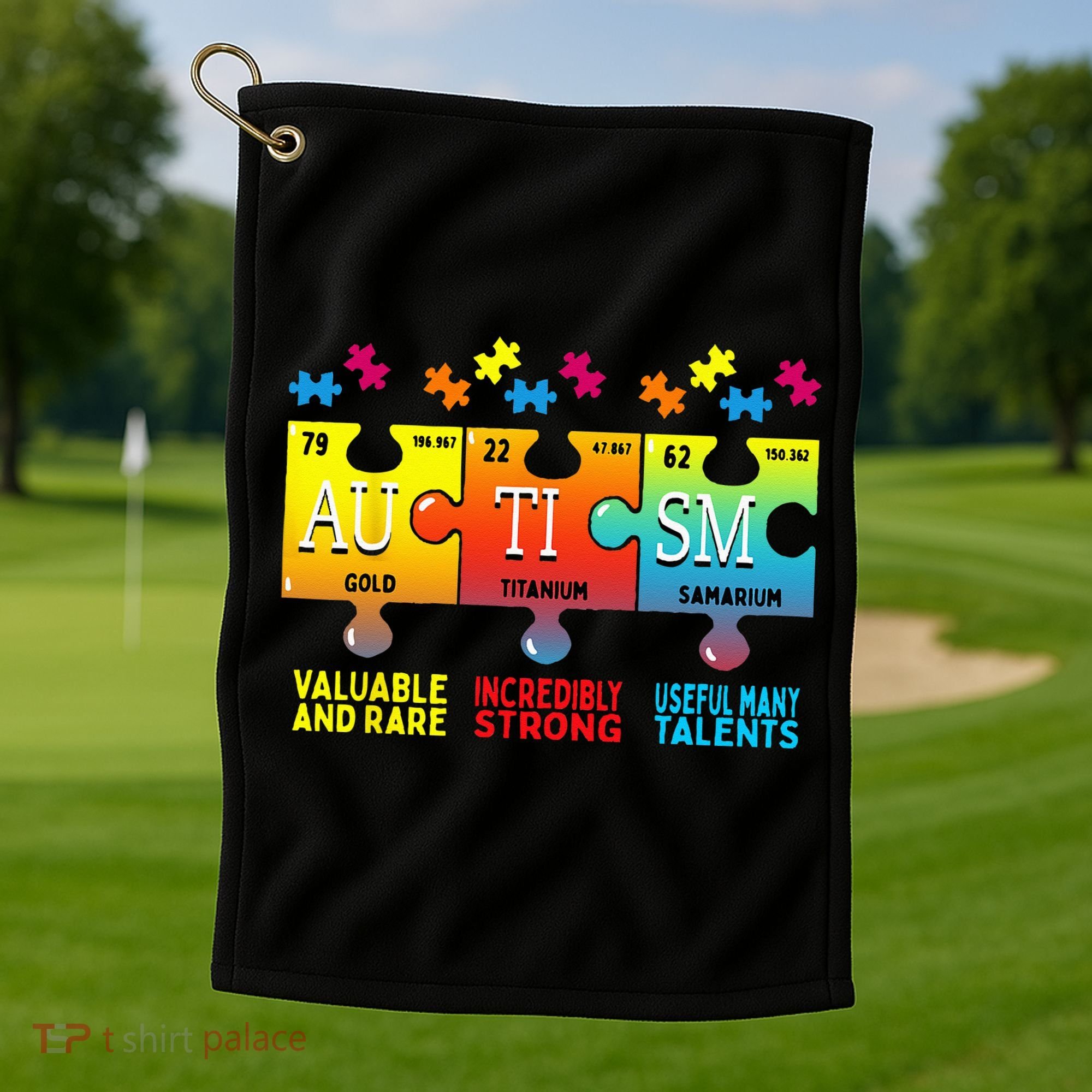 Black Autism Awareness Puzzle Classic Fit Short Sleeve Cotton & Polyester Blend Golf Towel