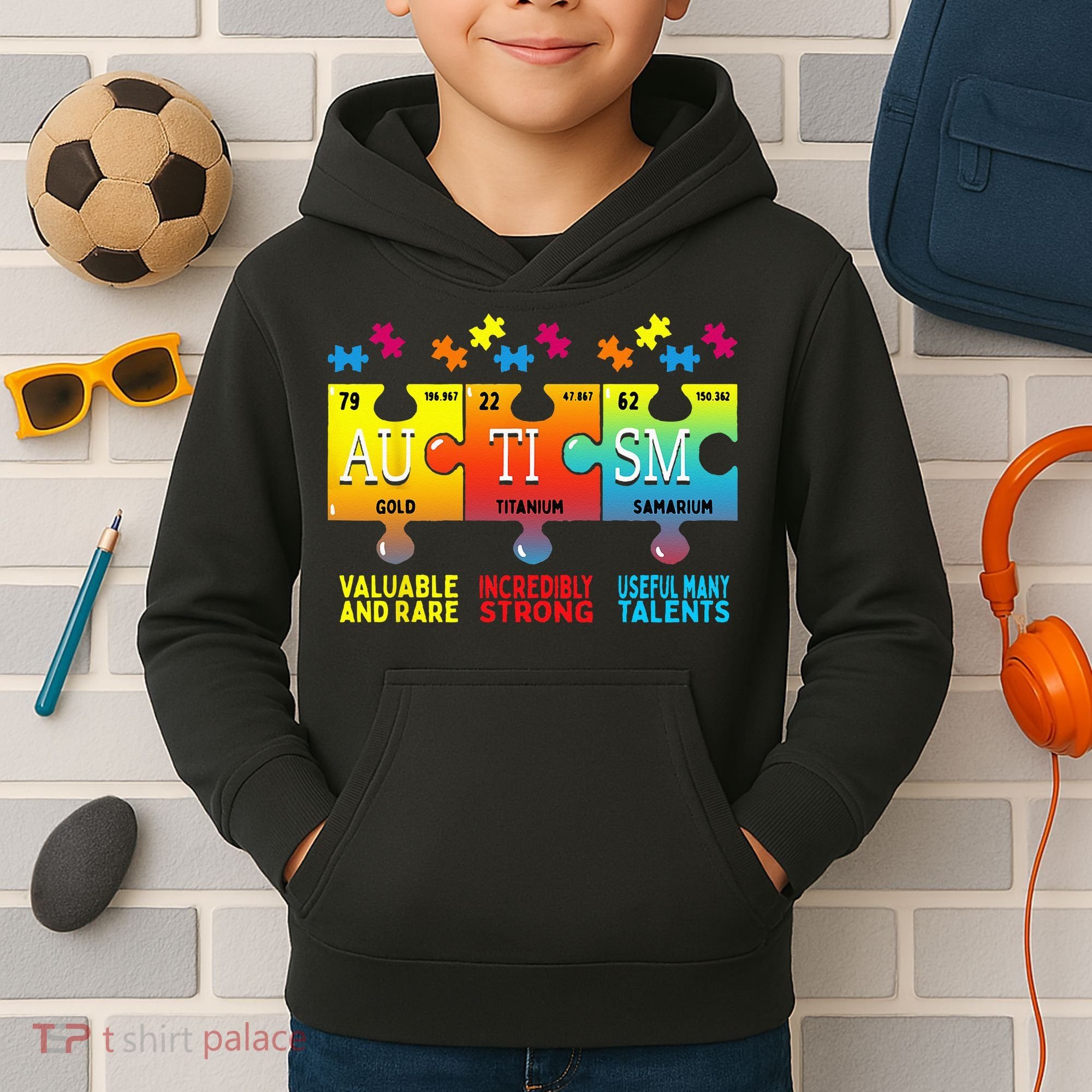 Black Autism Awareness Puzzle Classic Fit Short Sleeve Cotton & Polyester Blend Kids Hoodie