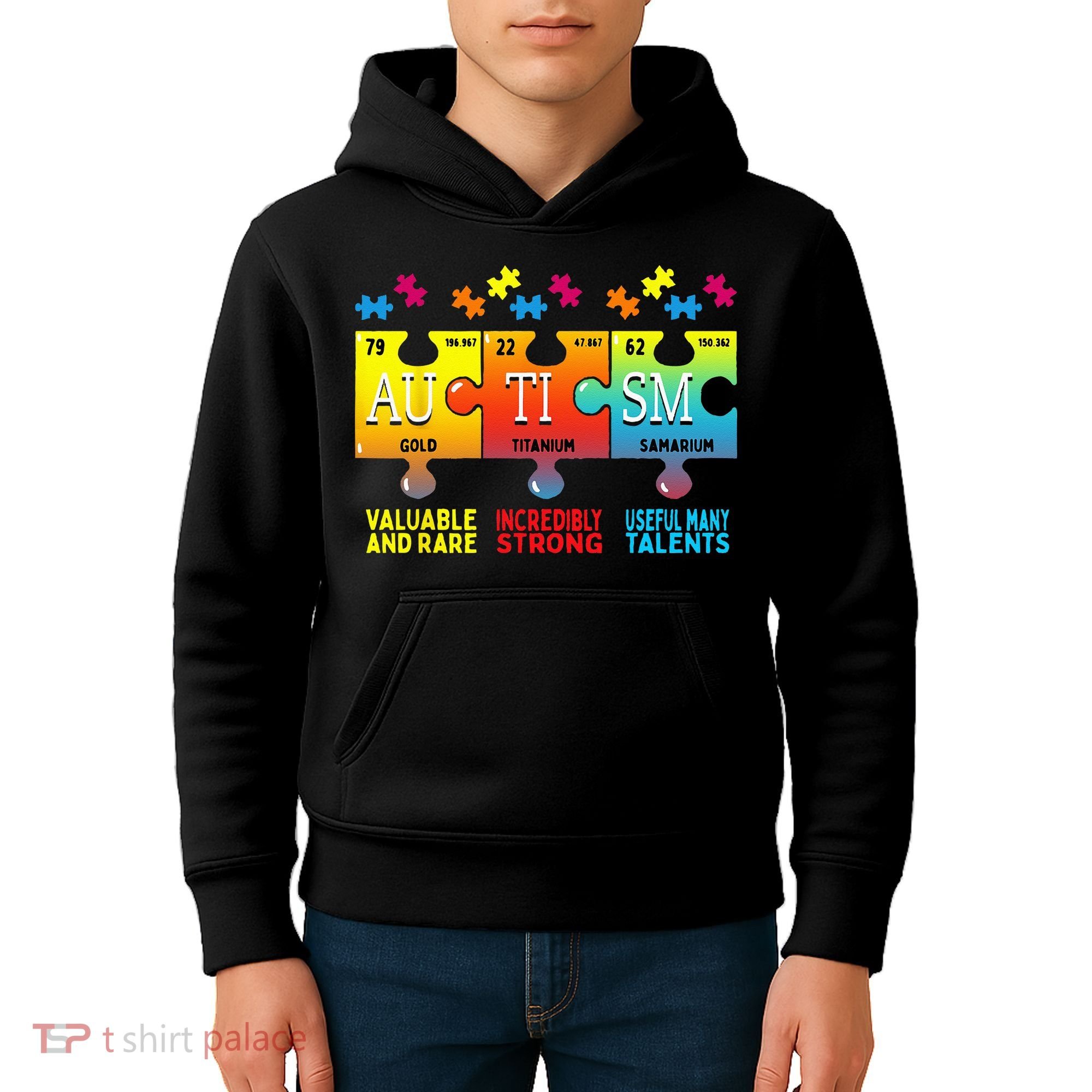 Black Autism Awareness Puzzle Classic Fit Short Sleeve Cotton & Polyester Blend Kids Hoodie