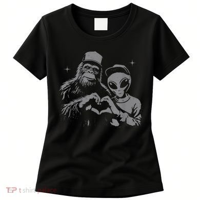 Bigfoot And Alien Sasquatch Love Hand Sign Women's T-Shirt