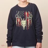 Bucks Antlers And Skull On An American Flag Deer Hunters Women's Sweatshirt thumb 0