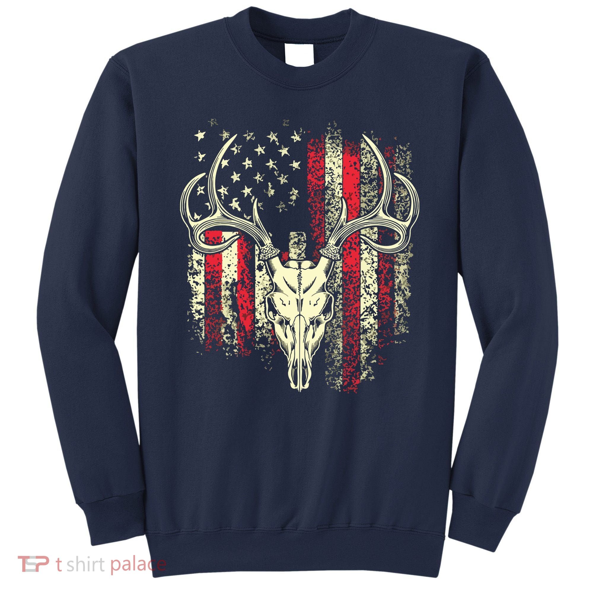 Bucks Antlers And Skull On An American Flag Deer Hunters Sweatshirt