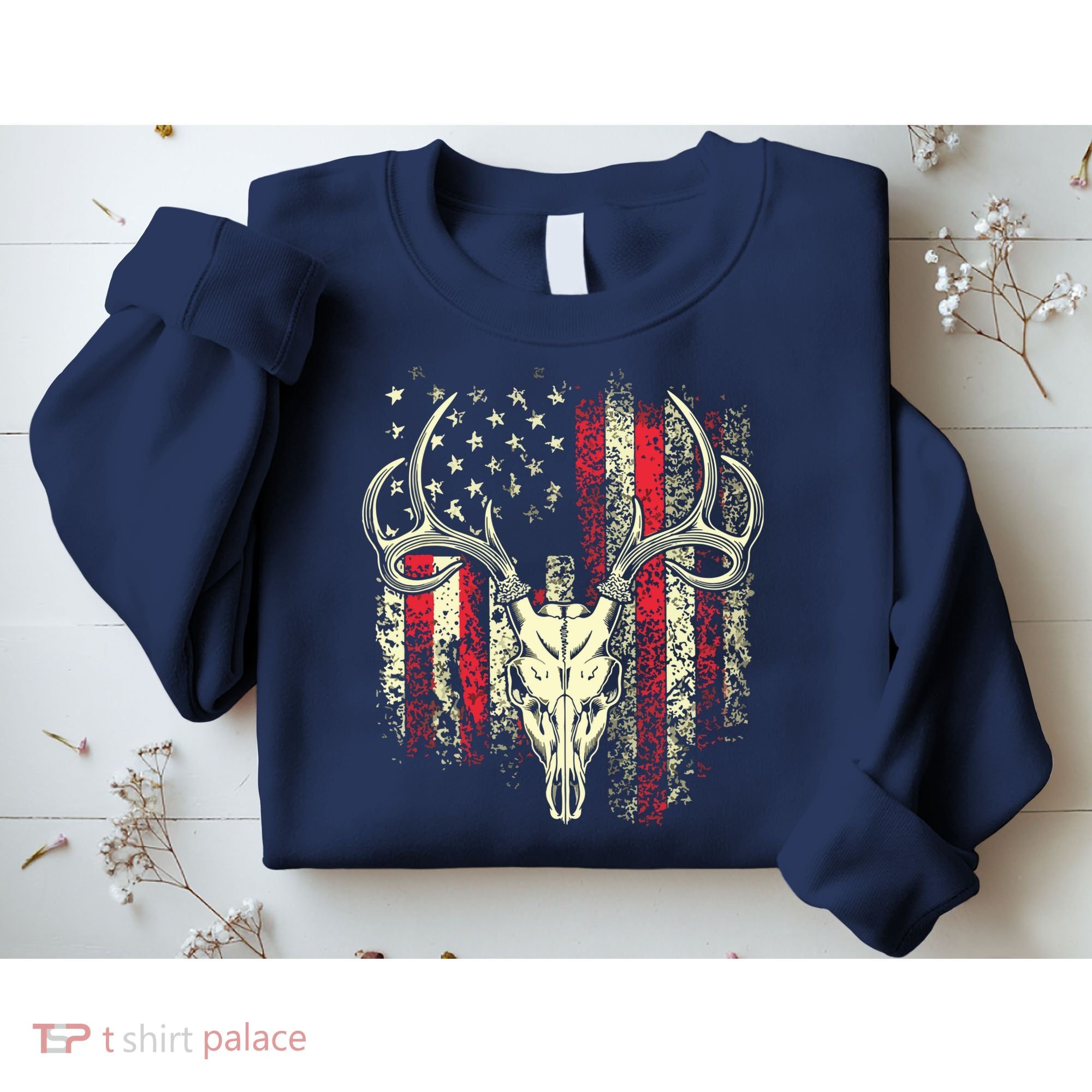 Bucks Antlers And Skull On An American Flag Deer Hunters Sweatshirt