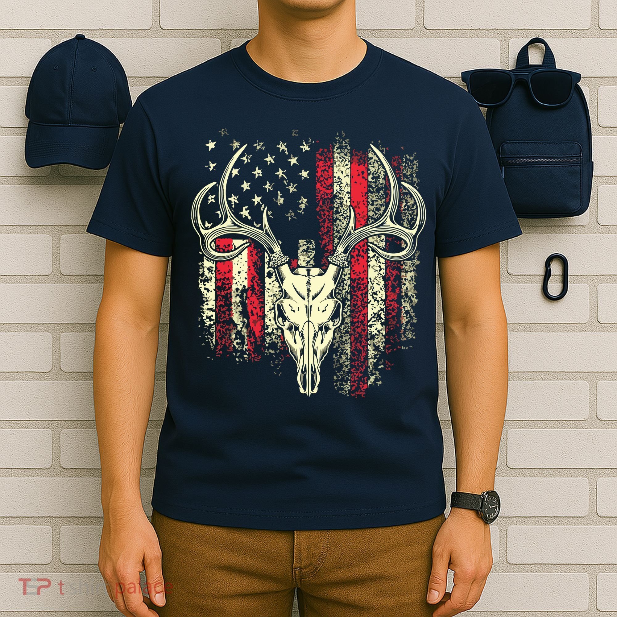 Bucks Antlers And Skull On An American Flag Deer Hunters T-Shirt