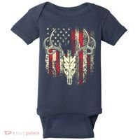 Bucks Antlers And Skull On An American Flag Deer Hunters Baby Bodysuit thumb 0