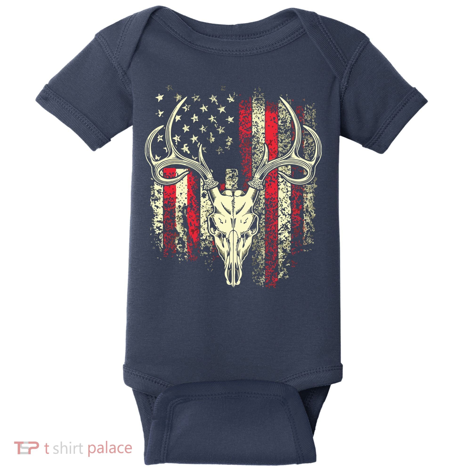 Bucks Antlers And Skull On An American Flag Deer Hunters Baby Bodysuit