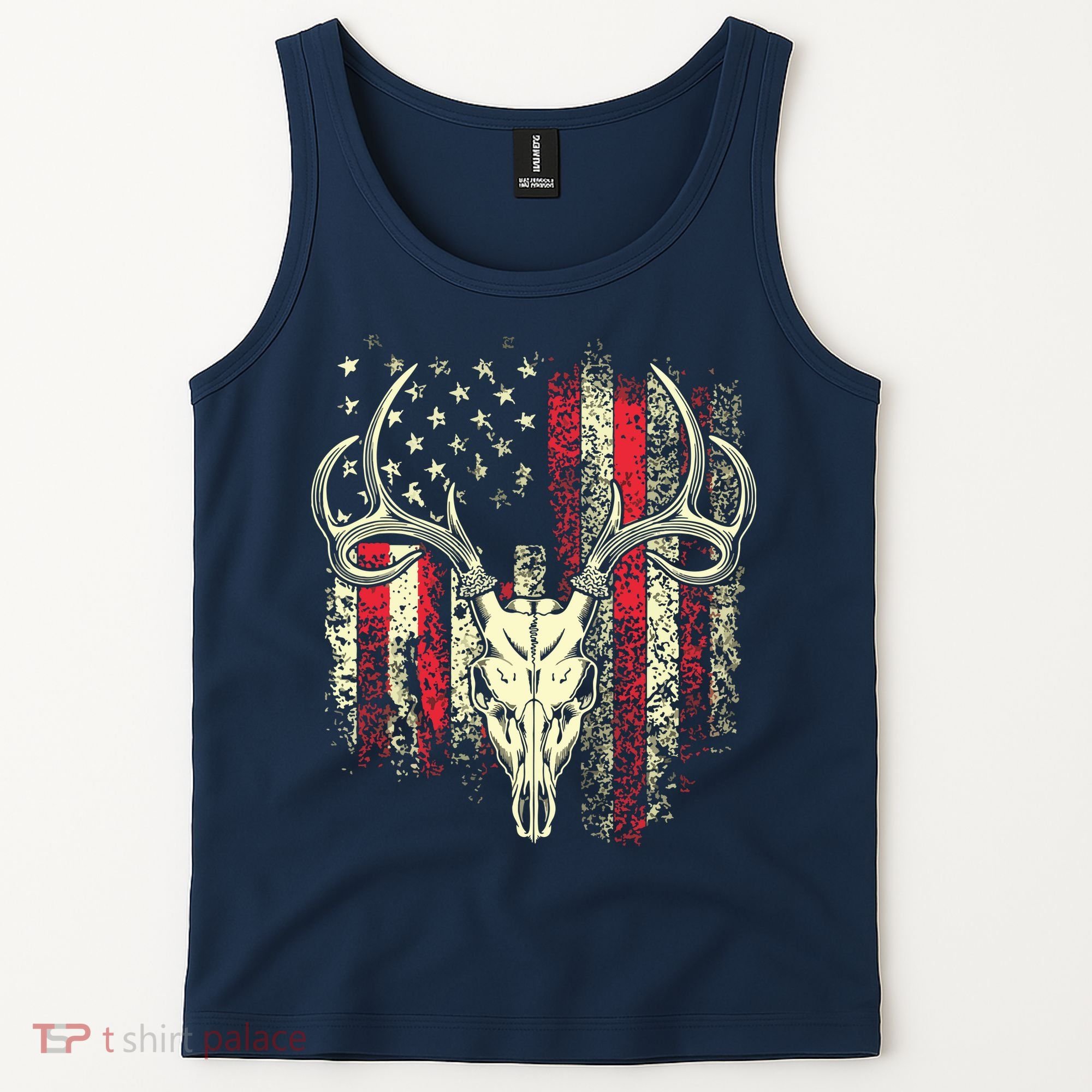 Bucks Antlers And Skull On An American Flag Deer Hunters Tank Top