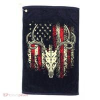 Bucks Antlers And Skull On An American Flag Deer Hunters Golf Towel thumb 0