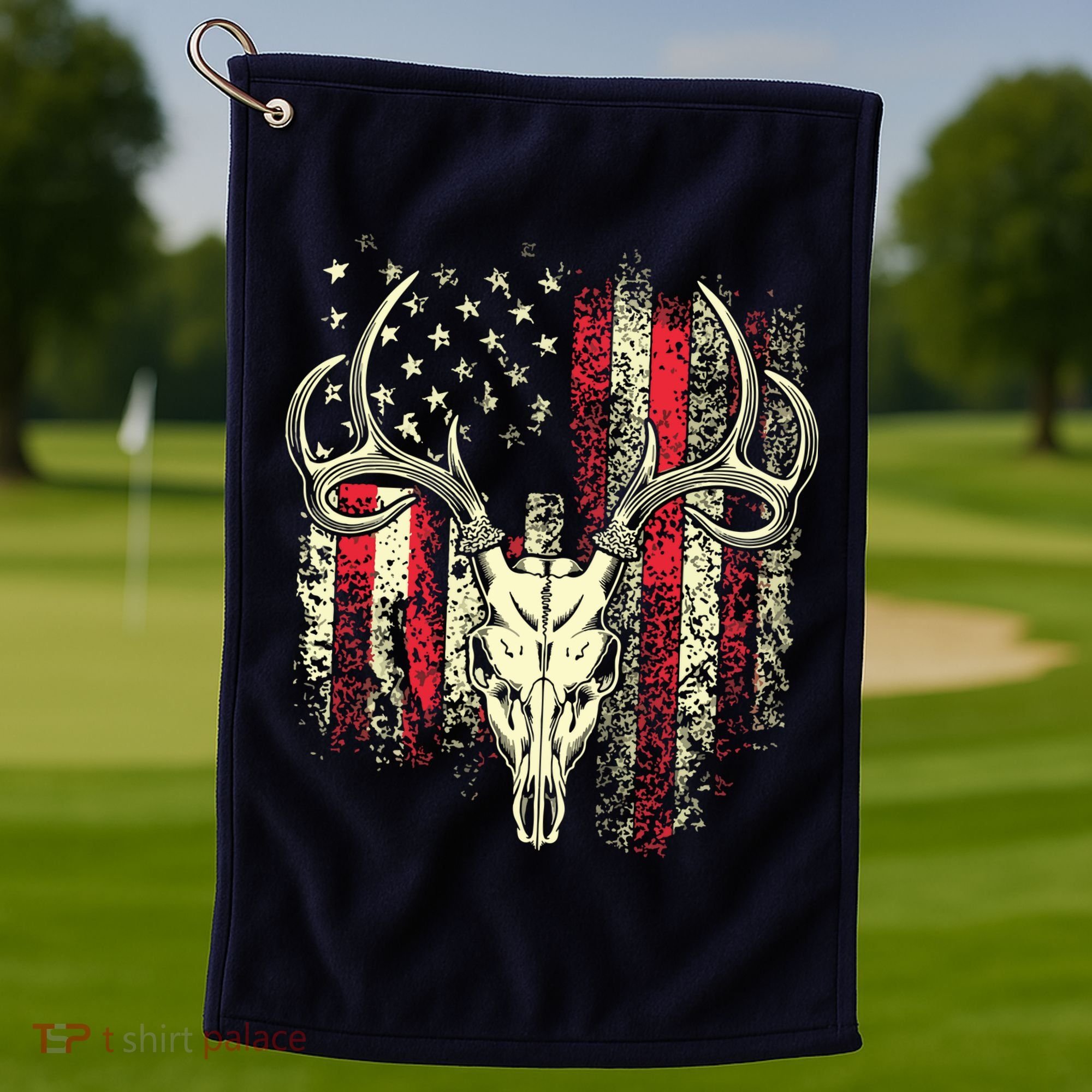 Bucks Antlers And Skull On An American Flag Deer Hunters Golf Towel