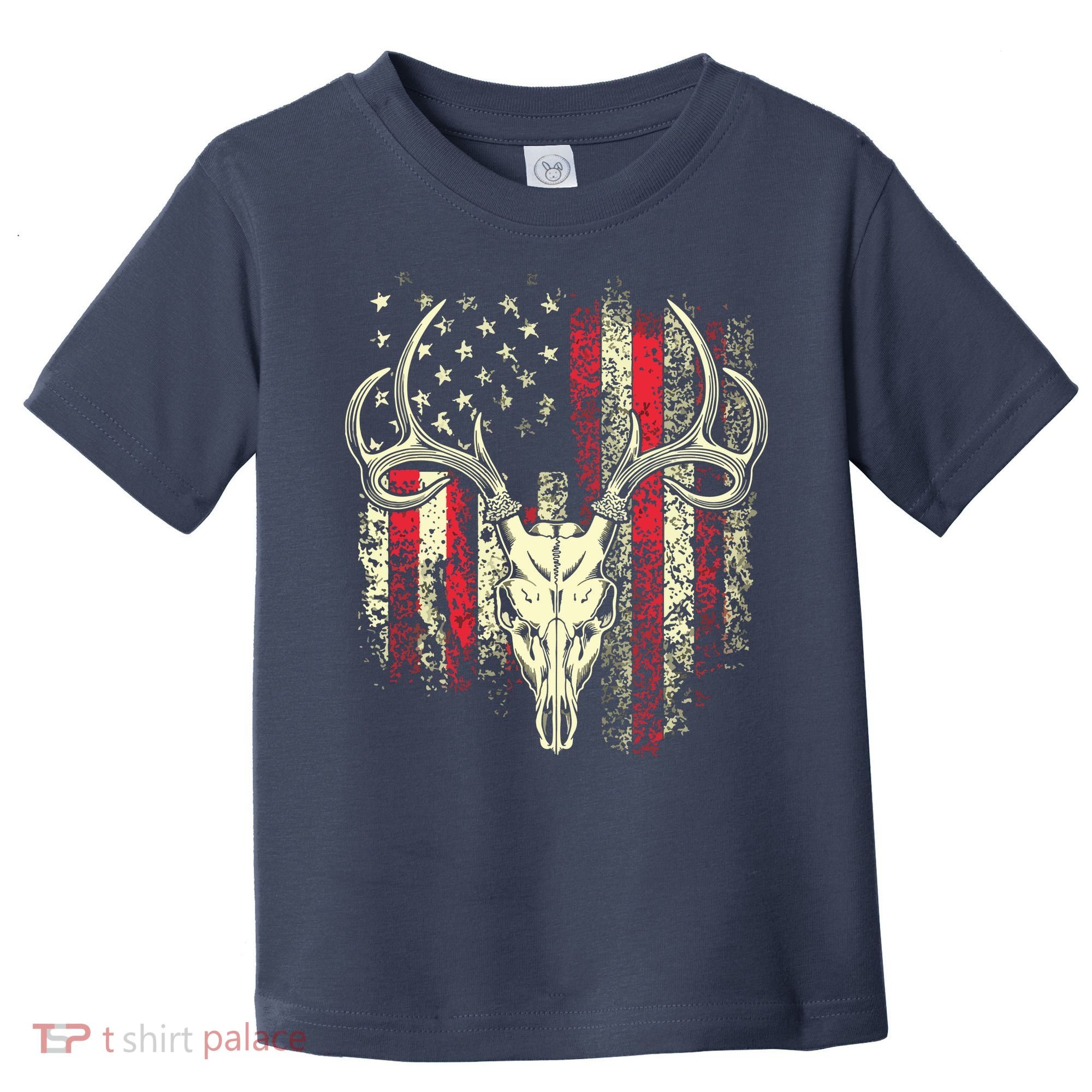 Bucks Antlers And Skull On An American Flag Deer Hunters Toddler T-Shirt