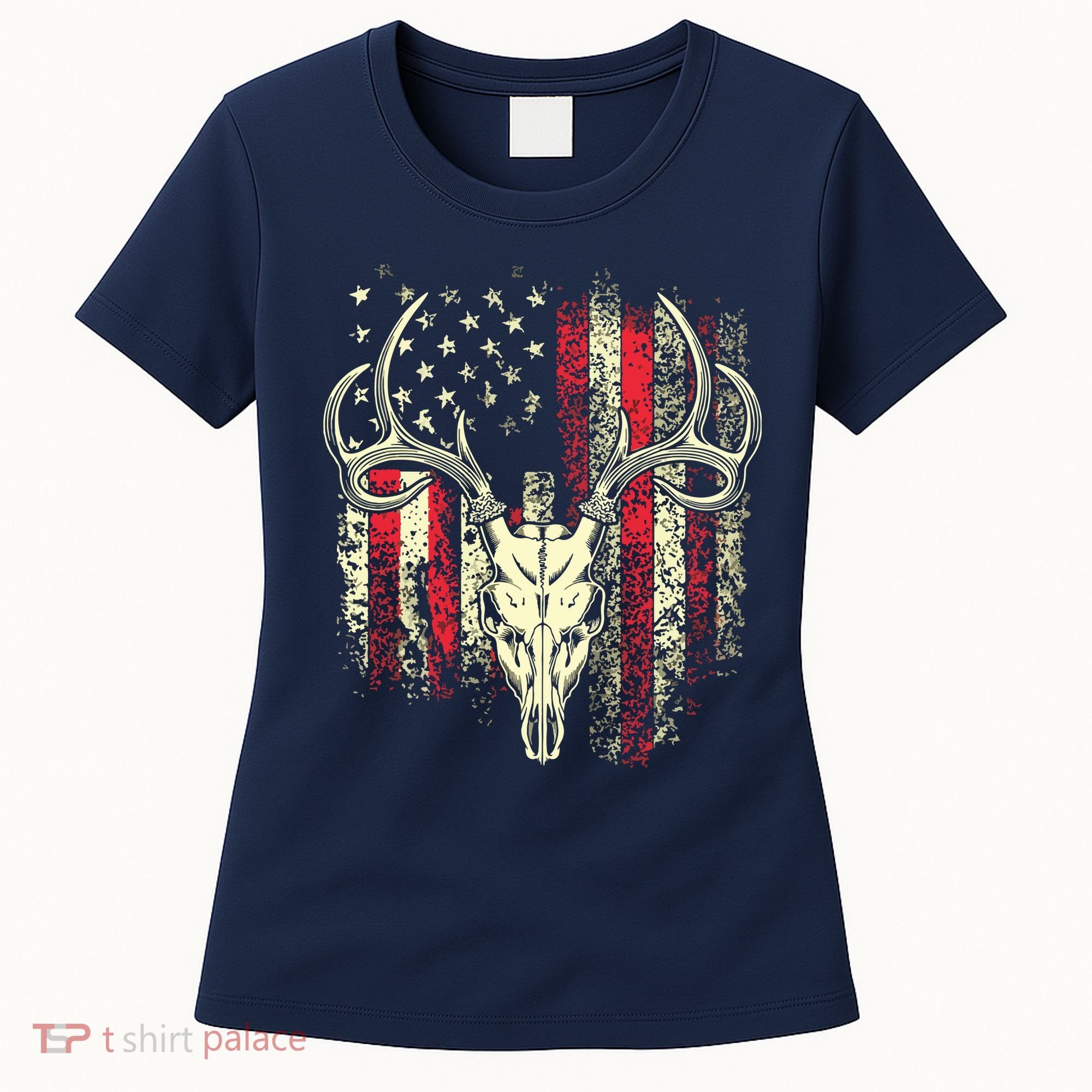 Bucks Antlers And Skull On An American Flag Deer Hunters Women's T-Shirt