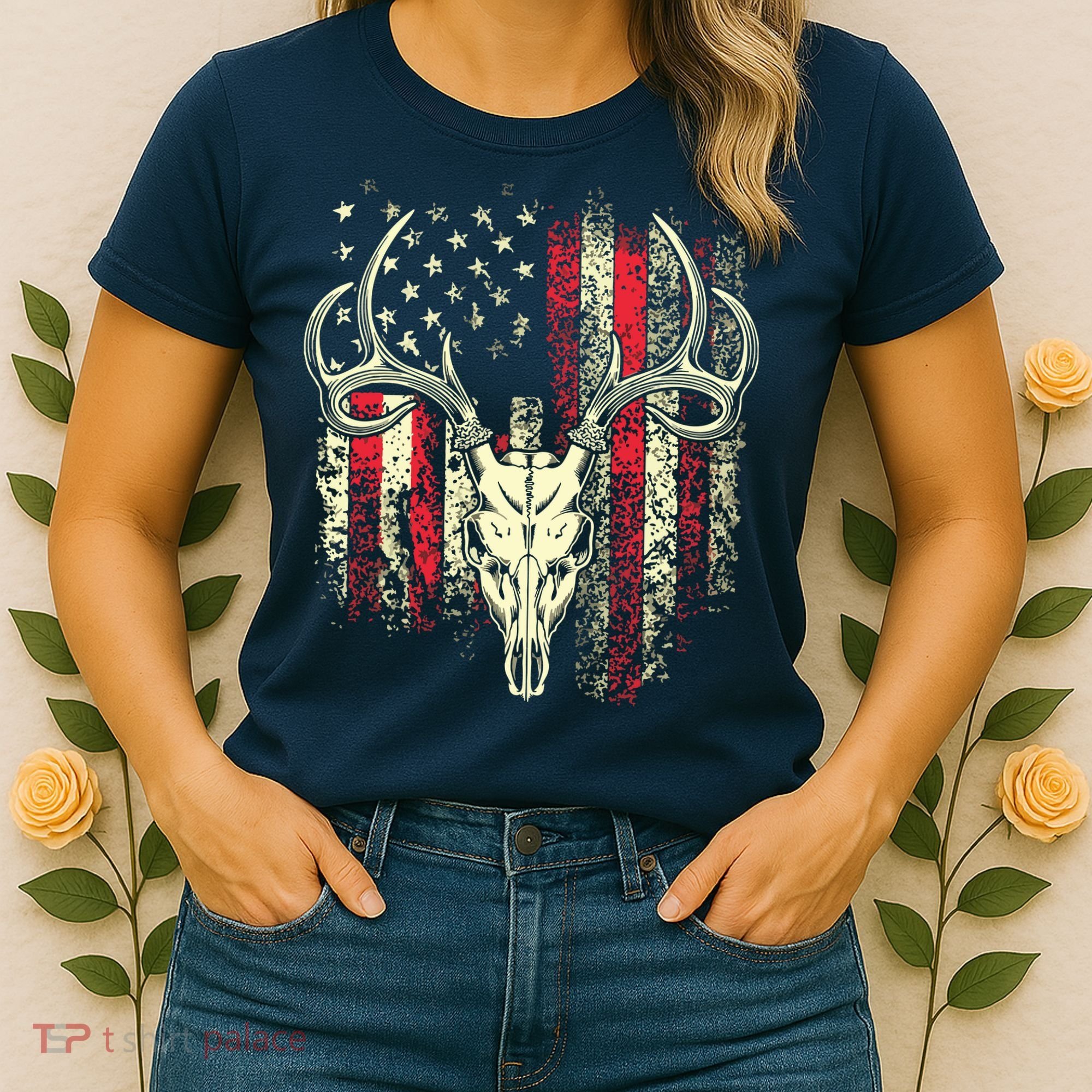 Bucks Antlers And Skull On An American Flag Deer Hunters Women's T-Shirt