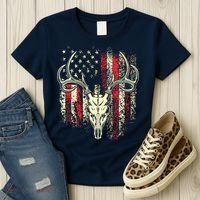 Bucks Antlers And Skull On An American Flag Deer Hunters Women's T-Shirt thumb 3