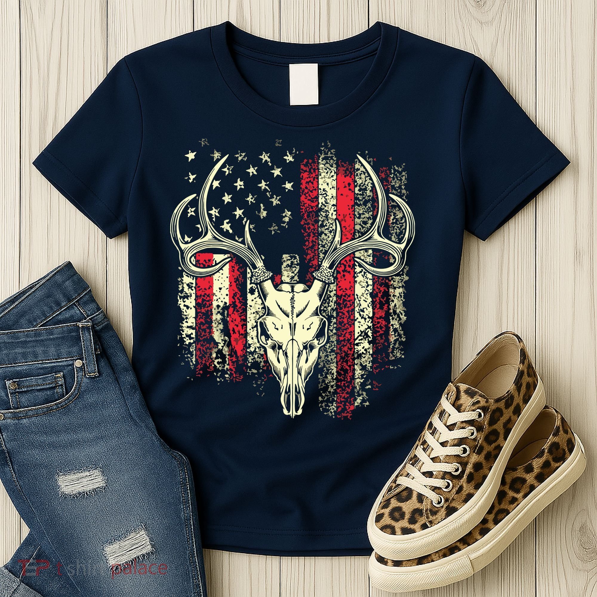 Bucks Antlers And Skull On An American Flag Deer Hunters Women's T-Shirt