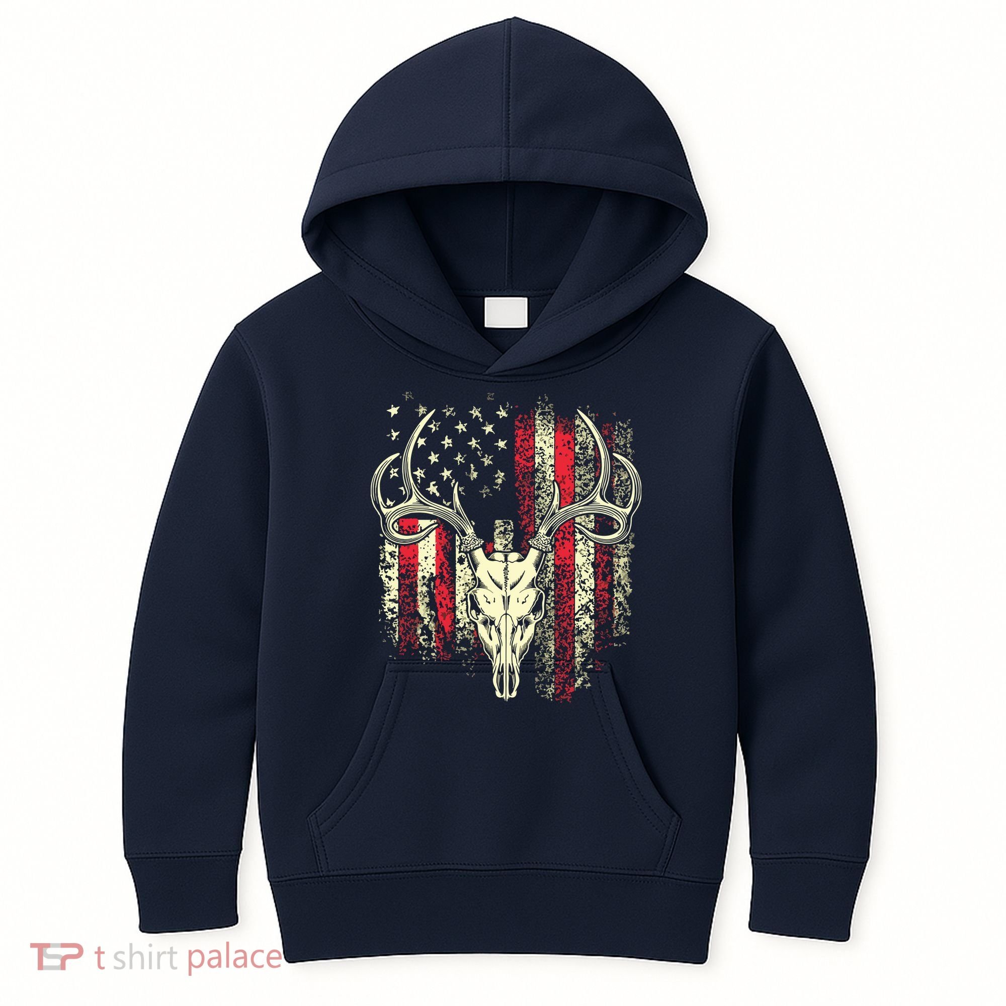 Bucks Antlers And Skull On An American Flag Deer Hunters Kids Hoodie