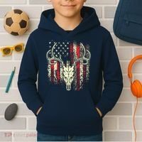 Bucks Antlers And Skull On An American Flag Deer Hunters Kids Hoodie thumb 2