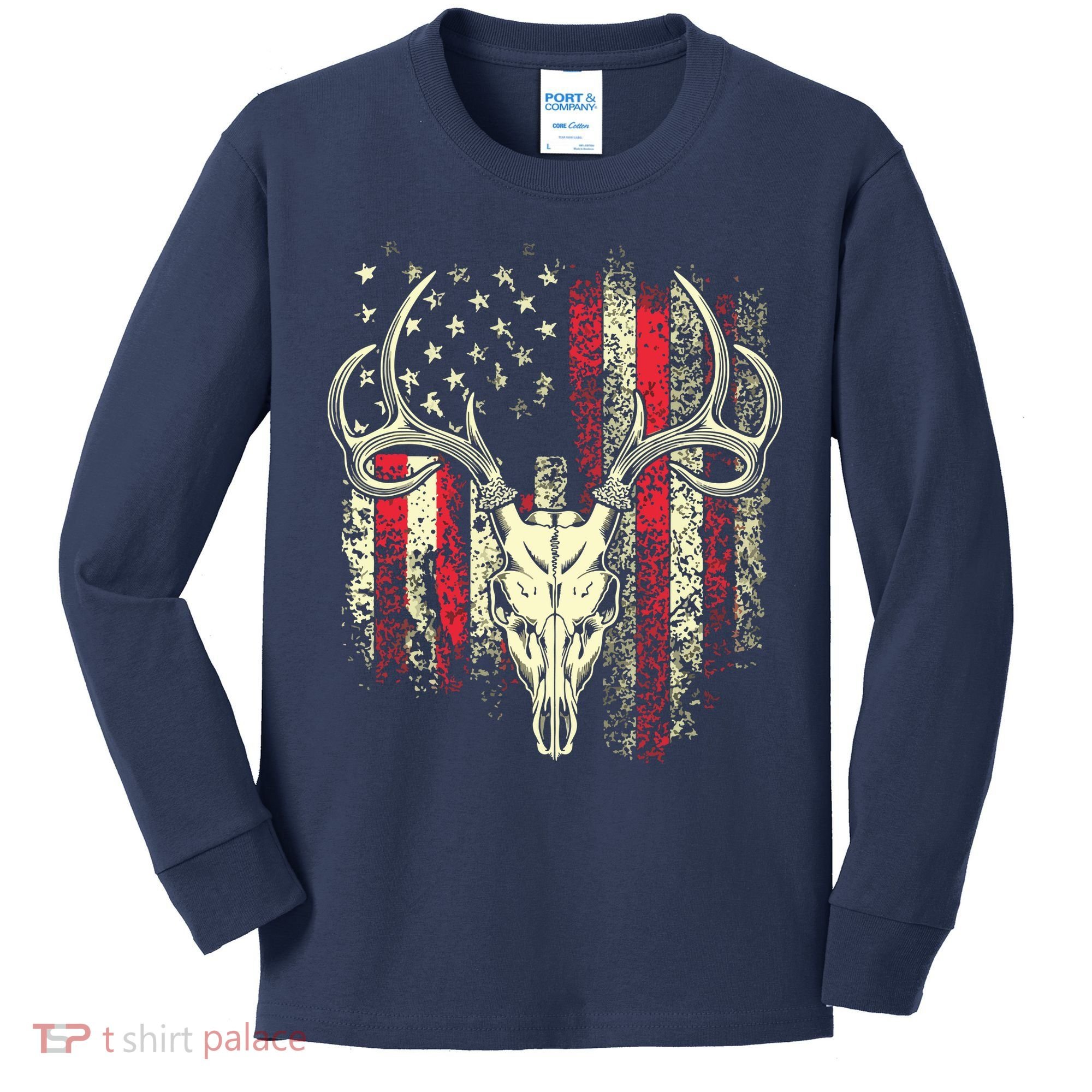 Bucks Antlers And Skull On An American Flag Deer Hunters Kids Long Sleeve Shirt