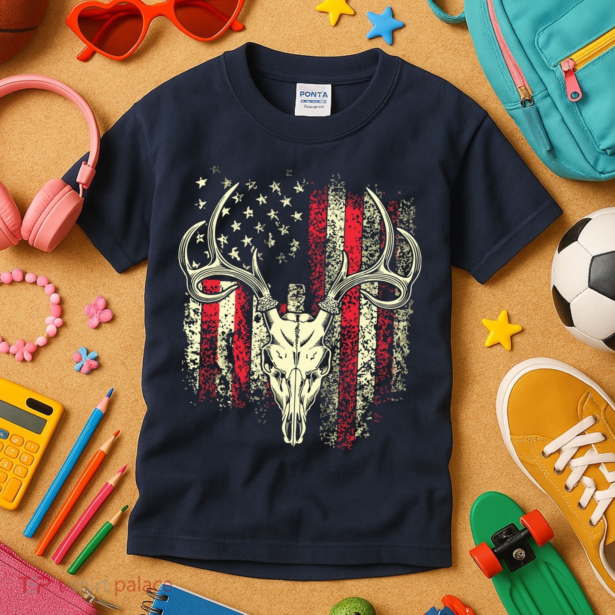 Bucks Antlers And Skull On An American Flag Deer Hunters Kids T-Shirt