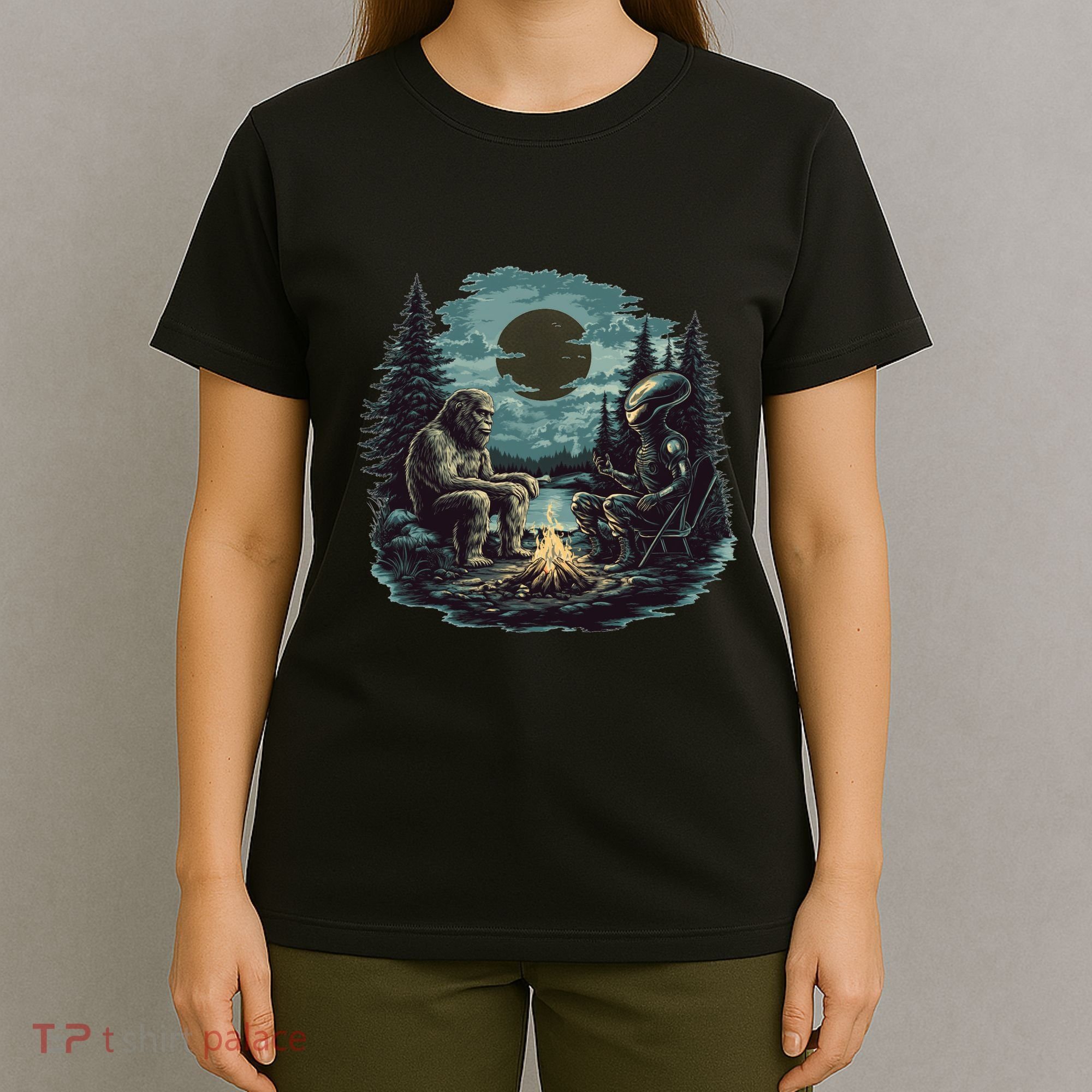 Bigfoot And Alien Camping Fire T-Shirt