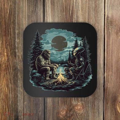 Bigfoot And Alien Camping Fire Coaster