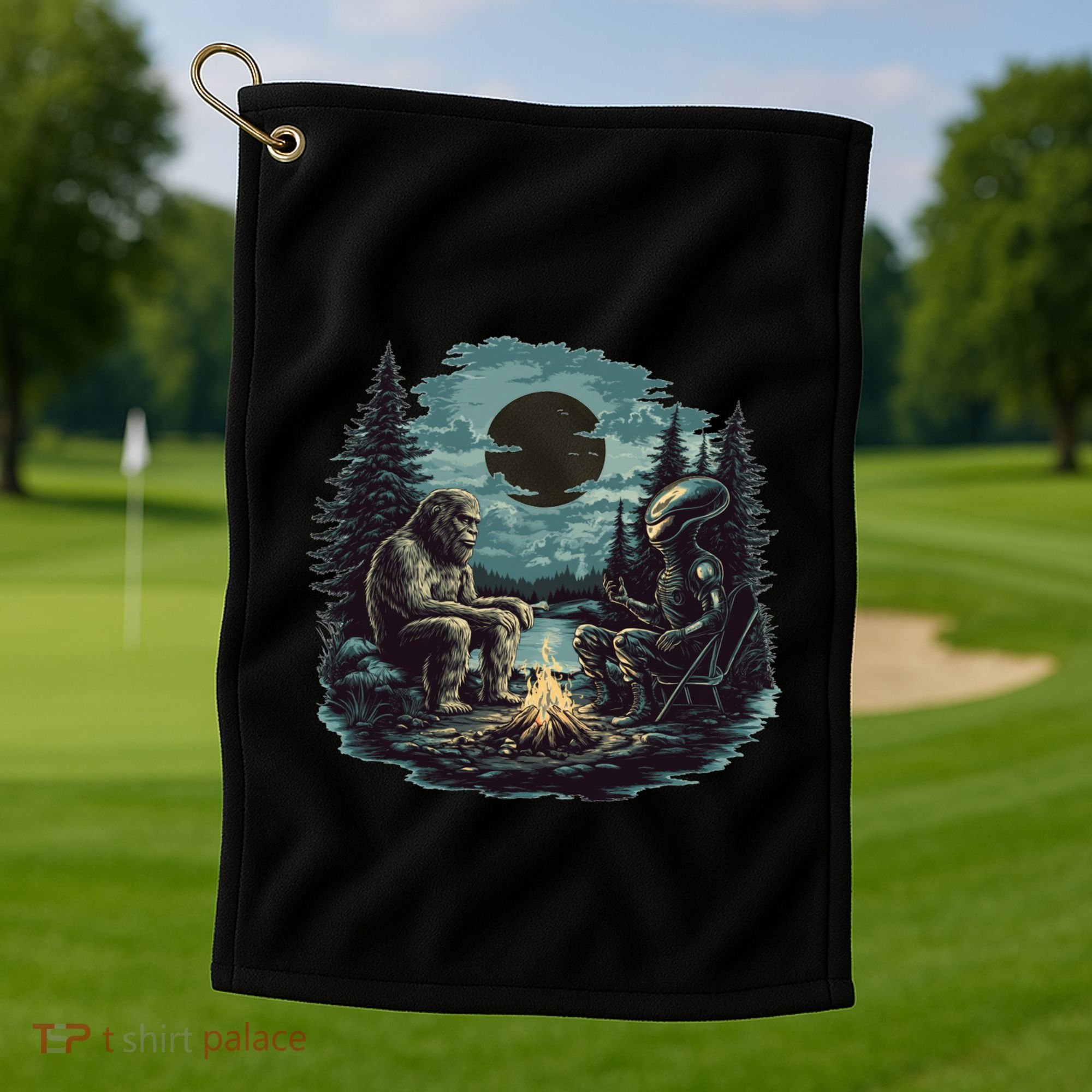 Bigfoot And Alien Camping Fire Golf Towel