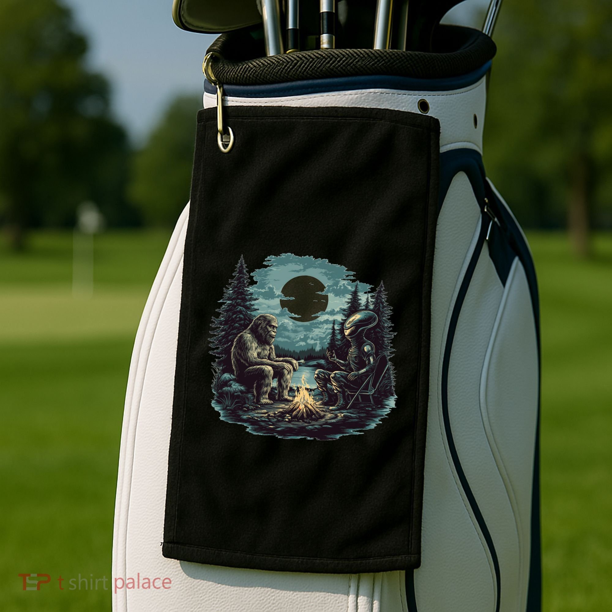 Bigfoot And Alien Camping Fire Golf Towel