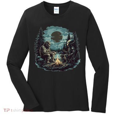 Bigfoot And Alien Camping Fire Women's Long Sleeve Shirt