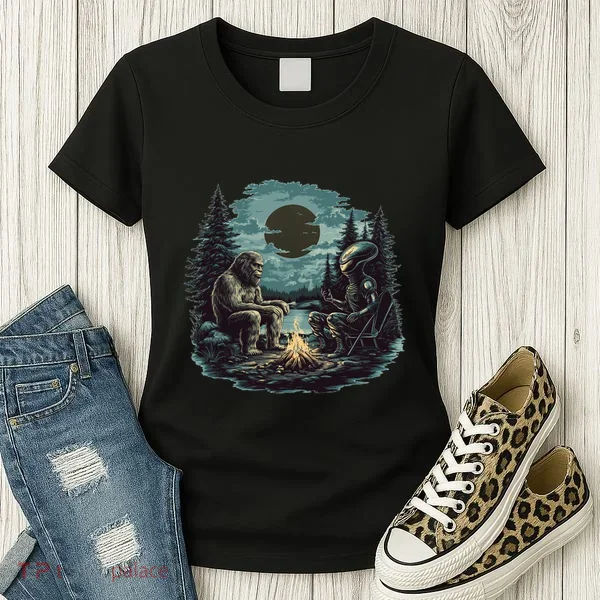 Bigfoot And Alien Camping Fire Women's T-Shirt