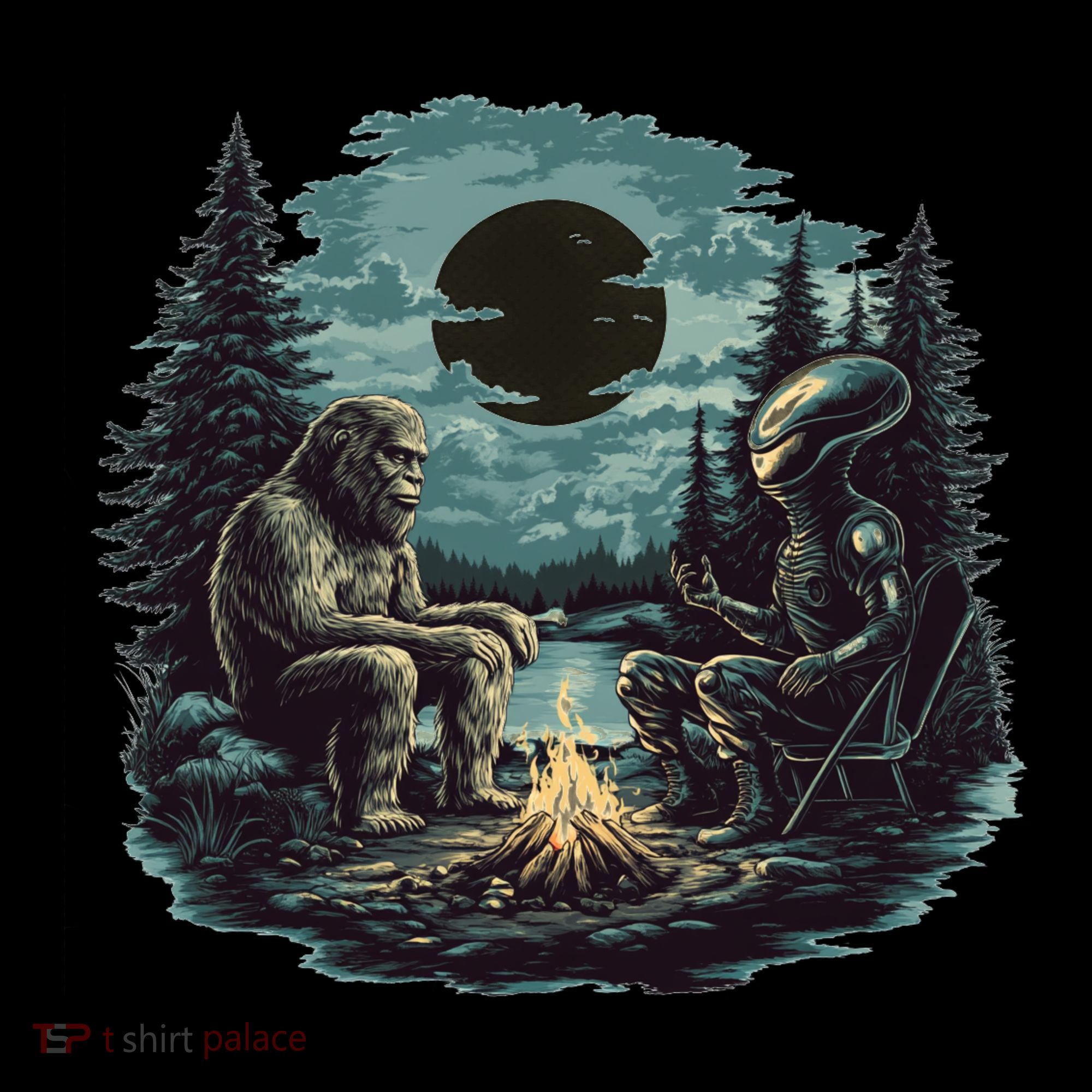 Bigfoot And Alien Camping Fire Women's T-Shirt