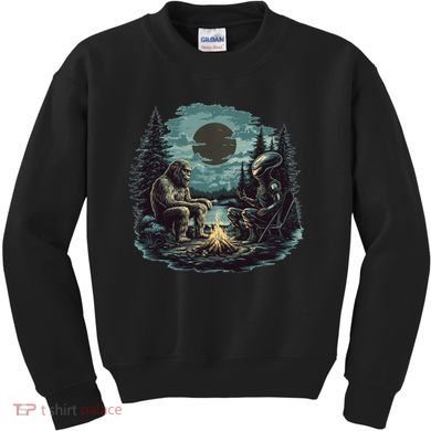 Bigfoot And Alien Camping Fire Kids Sweatshirt