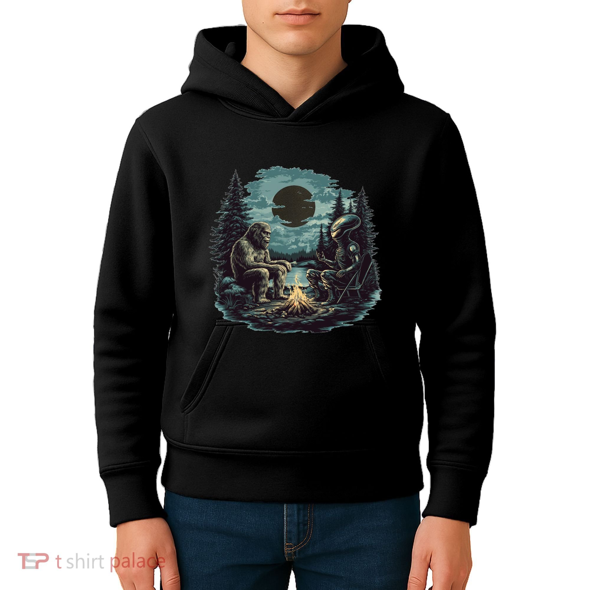 Bigfoot And Alien Camping Fire Kids Hoodie