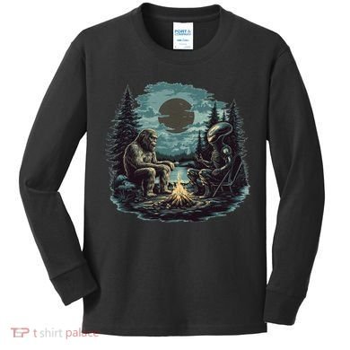Bigfoot And Alien Camping Fire Kids Long Sleeve Shirt
