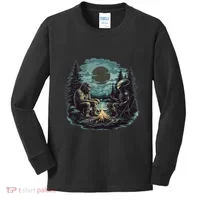 Bigfoot And Alien Camping Fire Kids Long Sleeve Shirt thumb 0