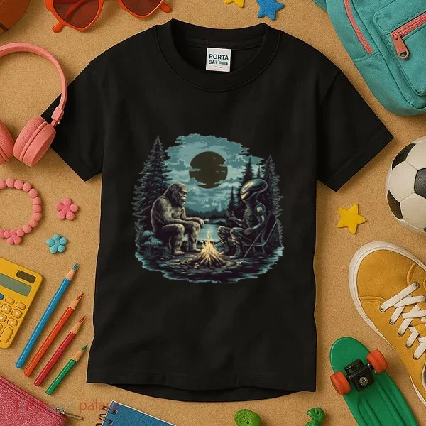 Bigfoot And Alien Camping Fire Kids T-Shirt