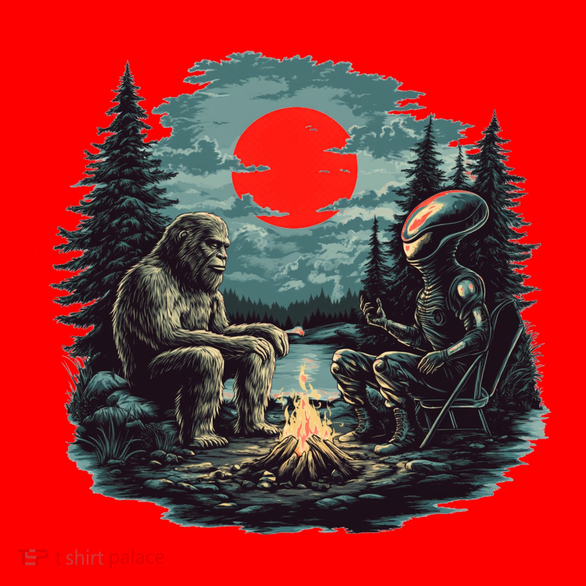 Bigfoot And Alien Camping Fire Santa Hat