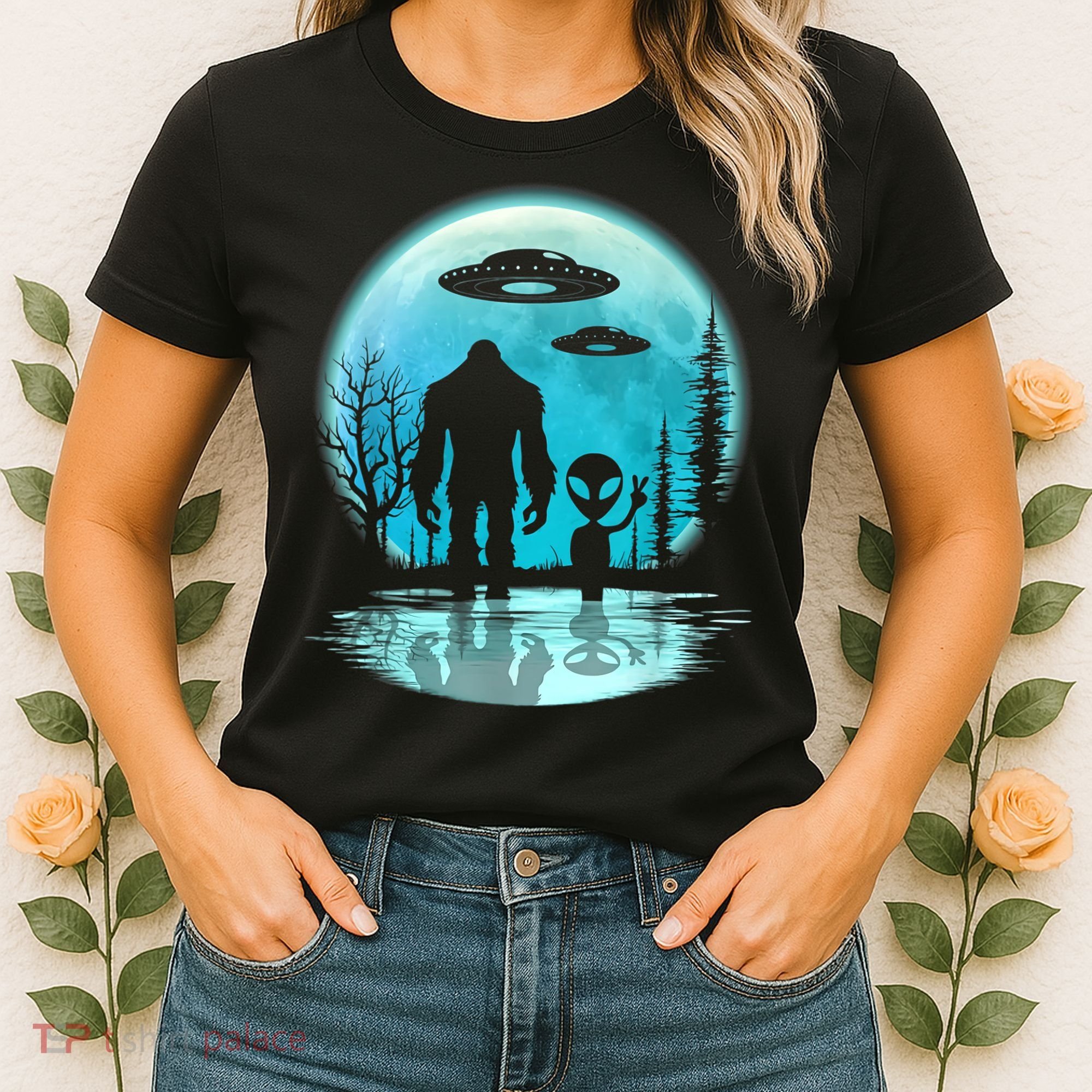 Bigfoot And Alien UFO Women's T-Shirt