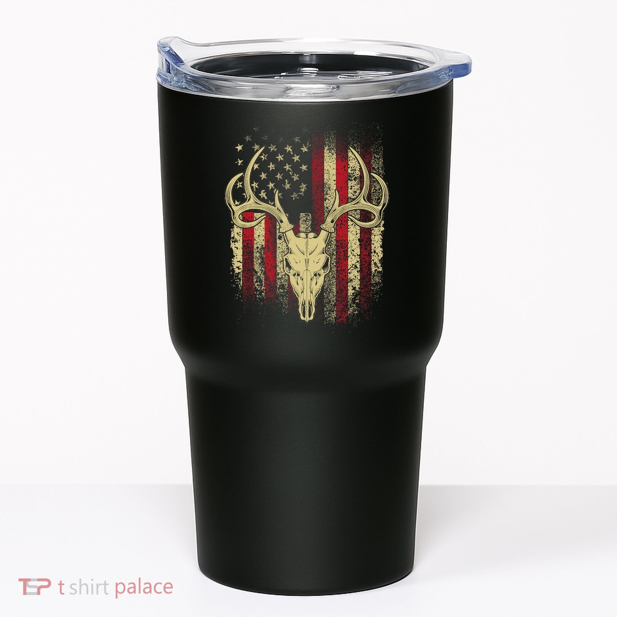 Bucks Antlers and Skull on an American Flag Deer Hunters Tumbler