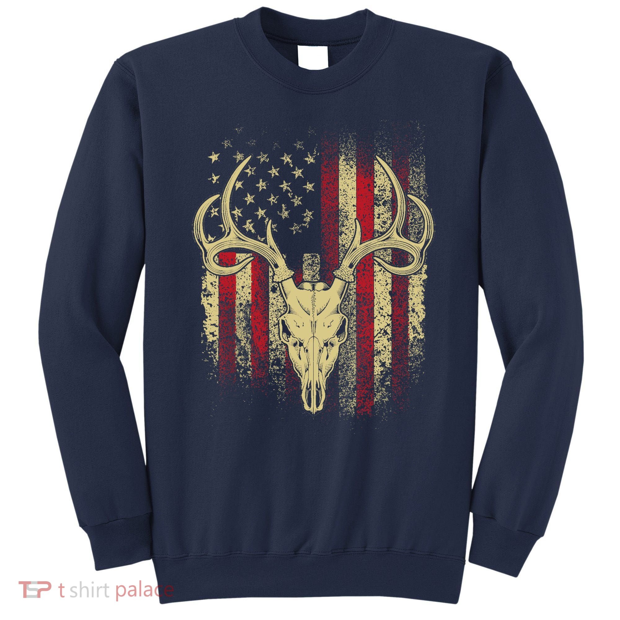 Bucks Antlers and Skull on an American Flag Deer Hunters Sweatshirt