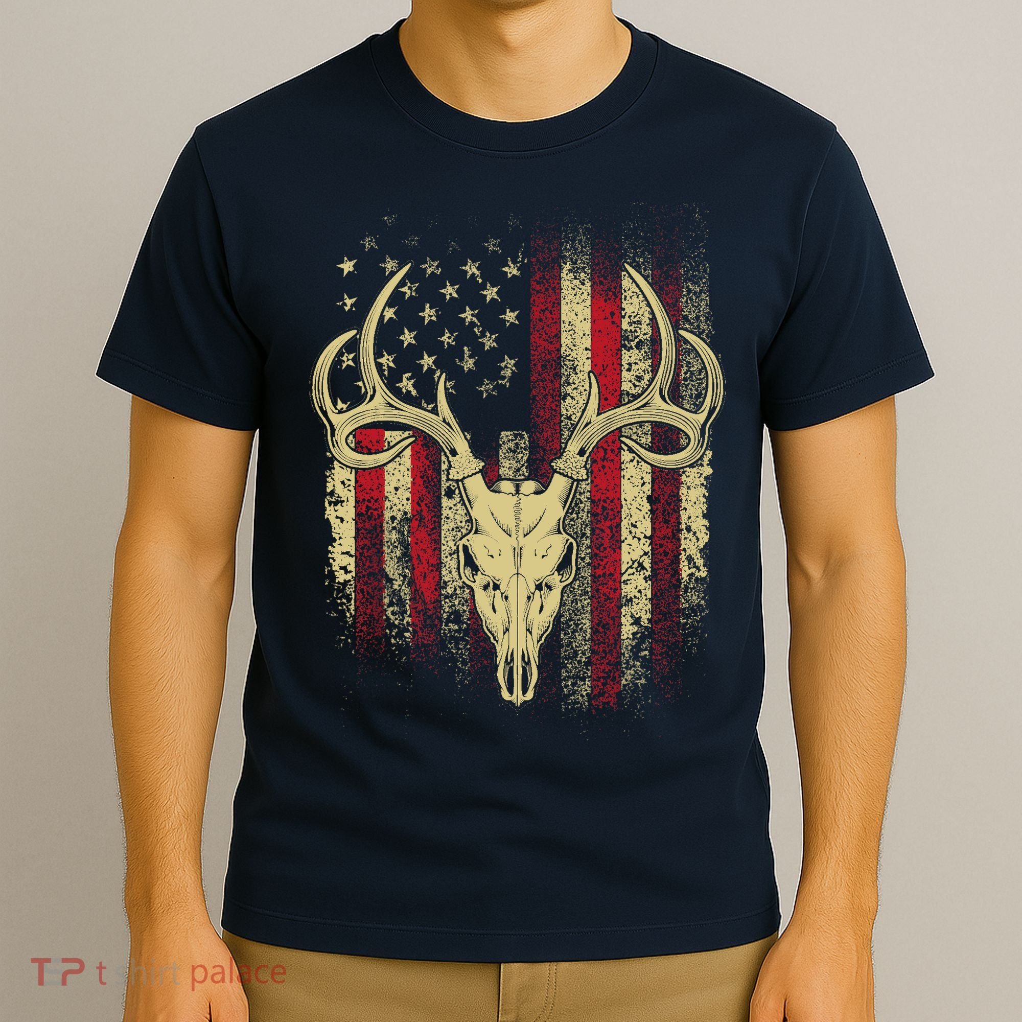 Bucks Antlers and Skull on an American Flag Deer Hunters T-Shirt