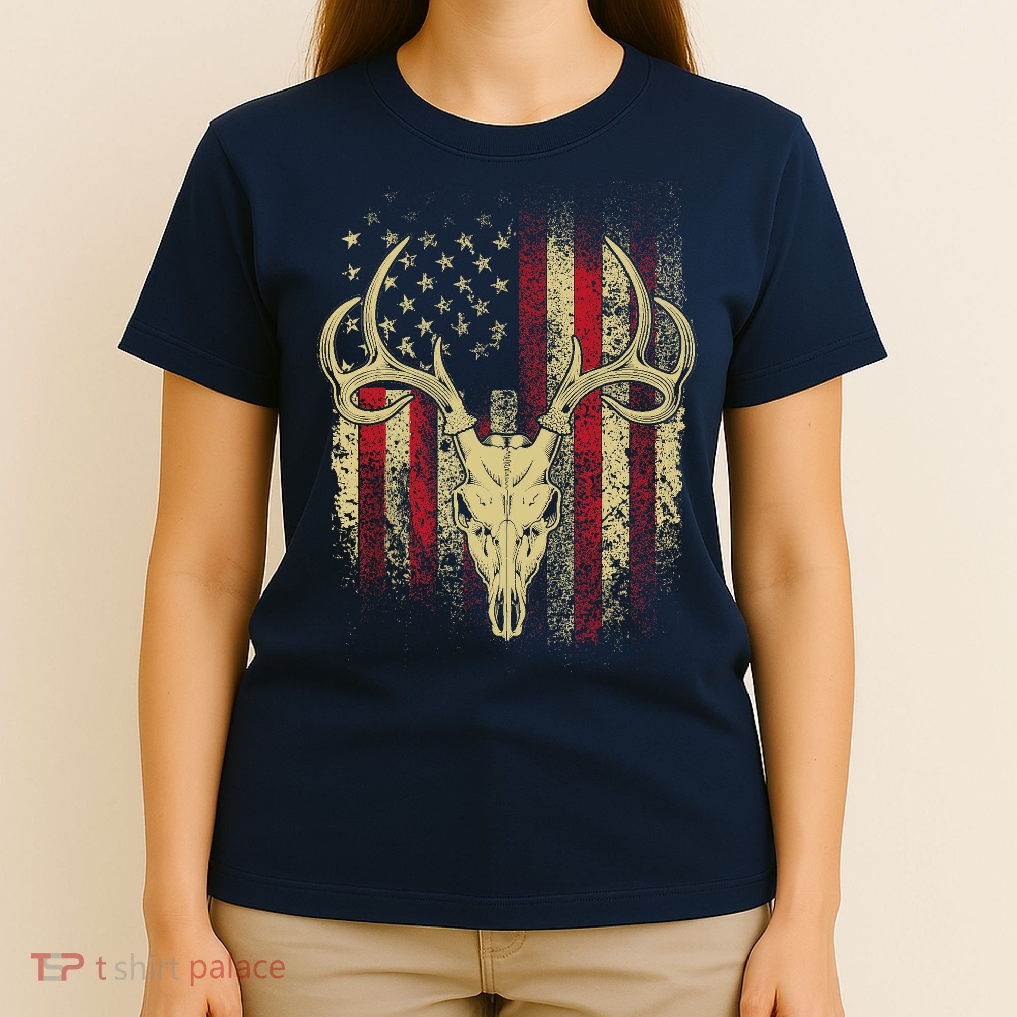 Bucks Antlers and Skull on an American Flag Deer Hunters T-Shirt