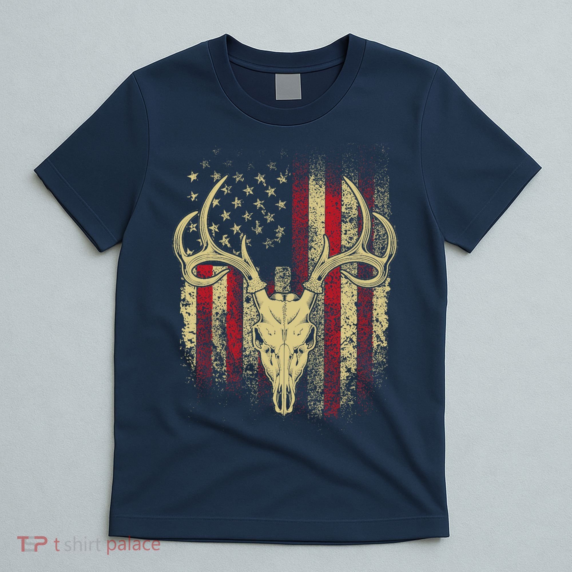 Bucks Antlers and Skull on an American Flag Deer Hunters T-Shirt