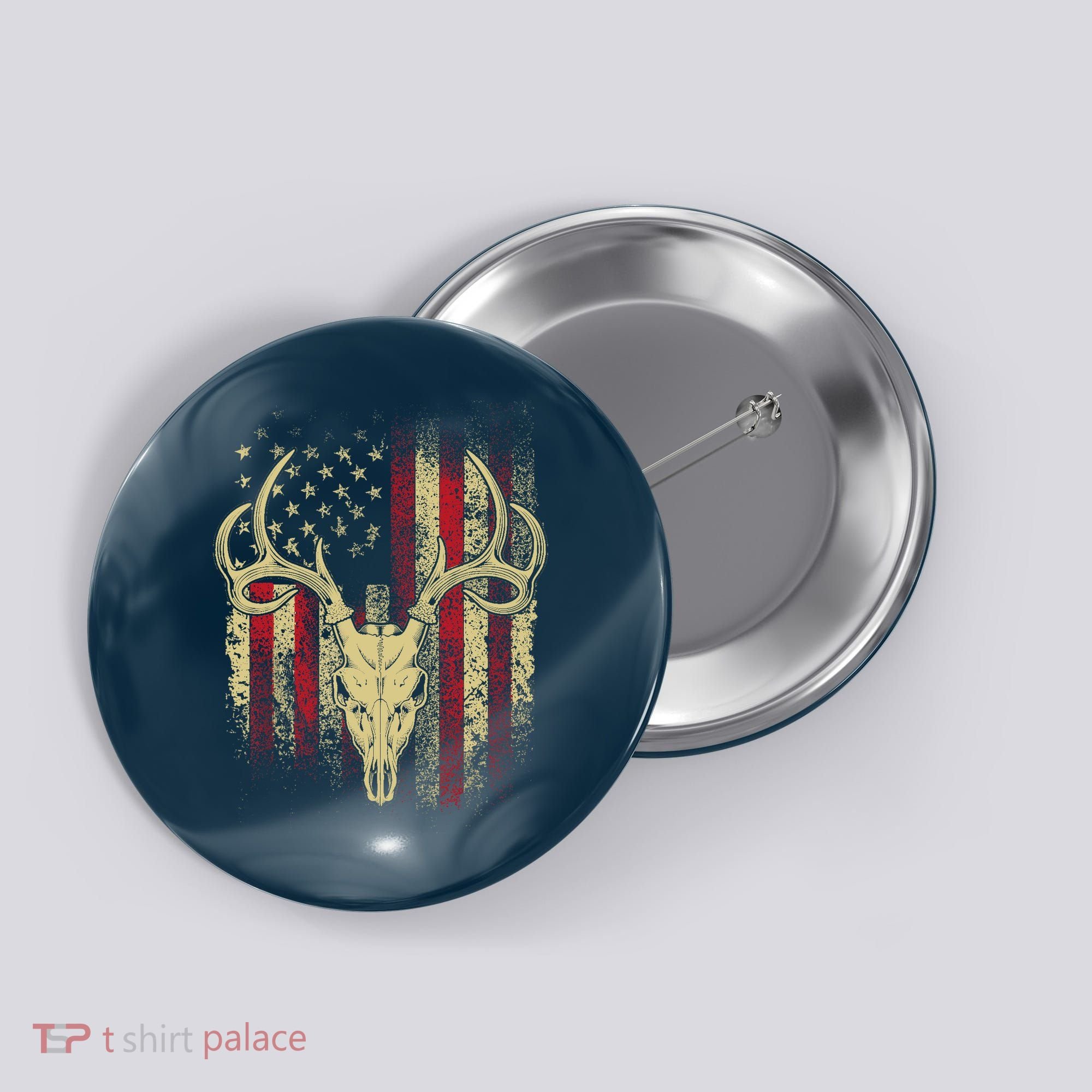 Bucks Antlers and Skull on an American Flag Deer Hunters Button