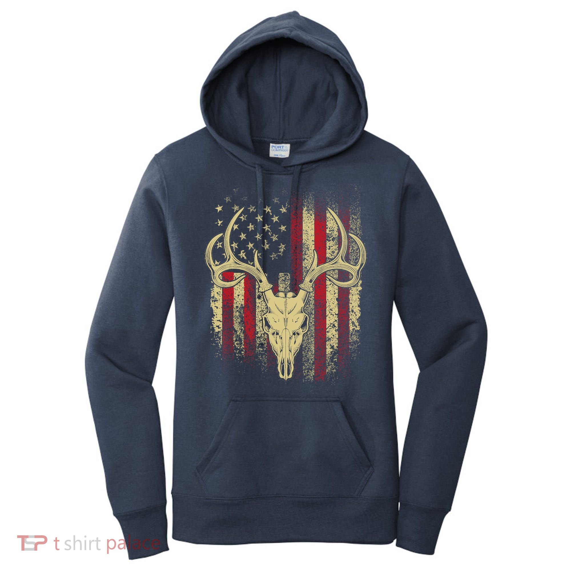 Bucks Antlers and Skull on an American Flag Deer Hunters Women's Hoodie