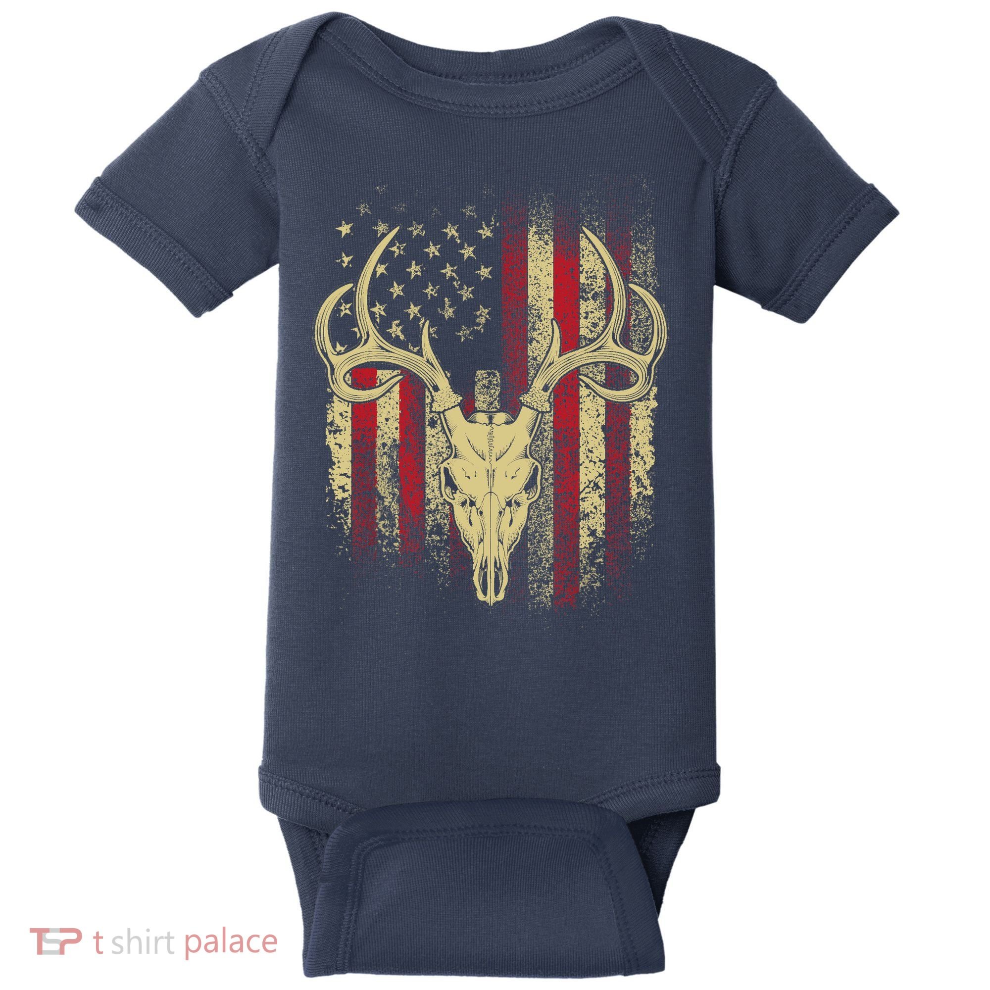Bucks Antlers and Skull on an American Flag Deer Hunters Baby Bodysuit