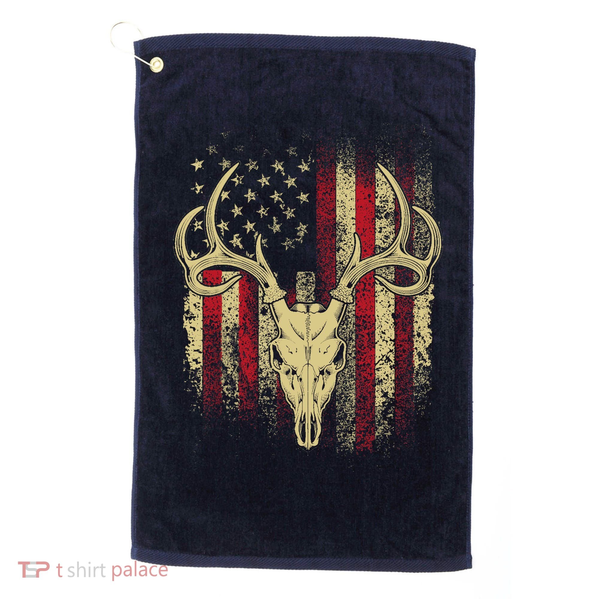 Bucks Antlers and Skull on an American Flag Deer Hunters Golf Towel