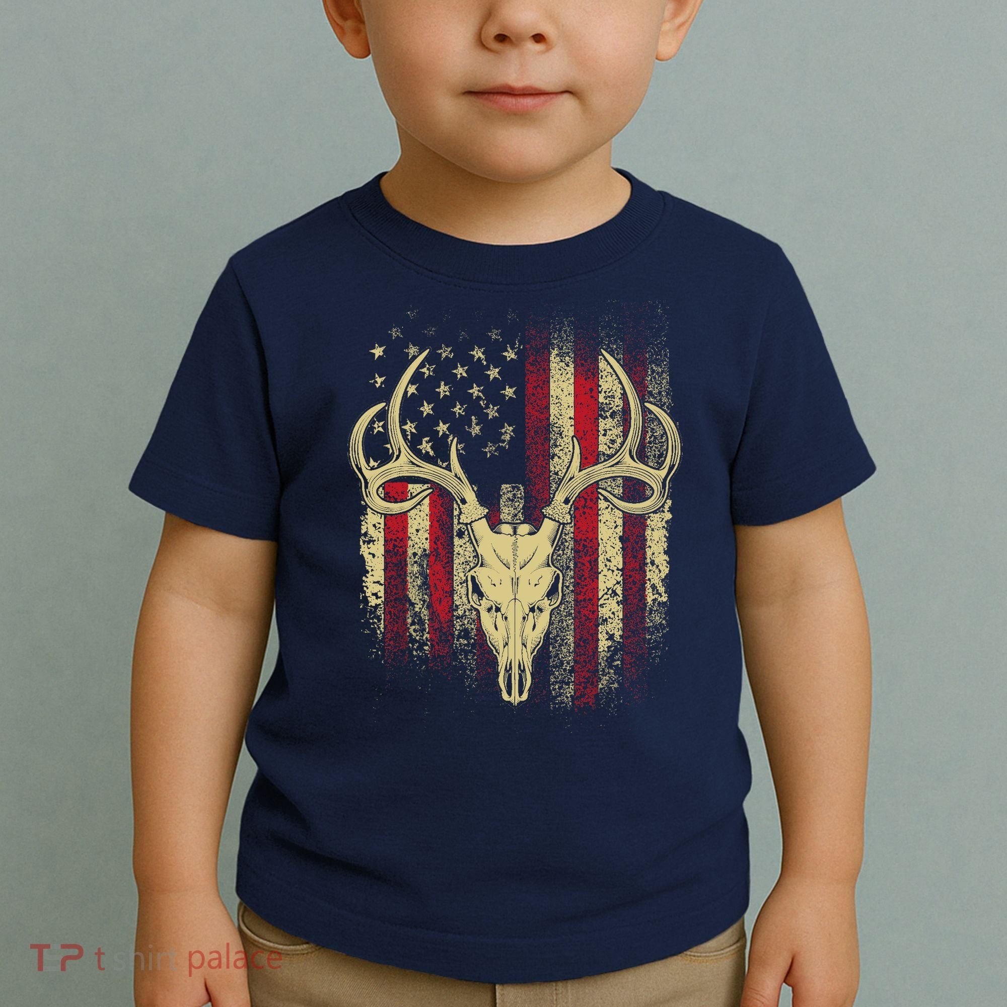 Bucks Antlers and Skull on an American Flag Deer Hunters Toddler T-Shirt